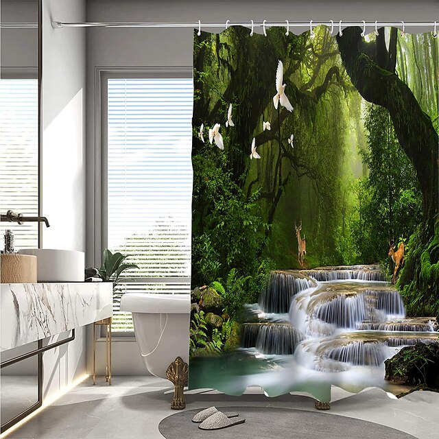  Rideau de douche imprimé paysage d'animaux de la forêt, avec crochet, moderne, en polyester usiné, imperméable, pour salle de bain