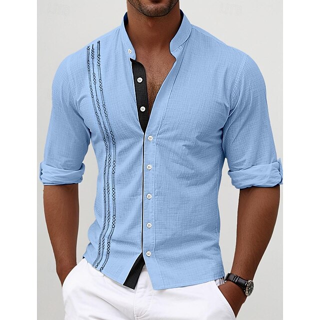  Hombre Camisa camisa de lino Camisa Guayabera Camisa con cuello mao Camisa de verano Ropa de playa Casual Diario Negro Blanco Rosa Azul Piscina Manga Larga Cuello Mao Primavera verano Ropa Bordado