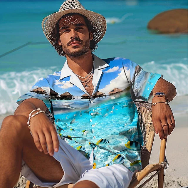 Men's Seascape Pattern Shirt Summer Hawaiian Shirt Aloha Shirt Short Sleeve Shirt Turndown Hawaiian Resort Casual Hawaiian Holiday Violet Orange Dark Blue S M L 12