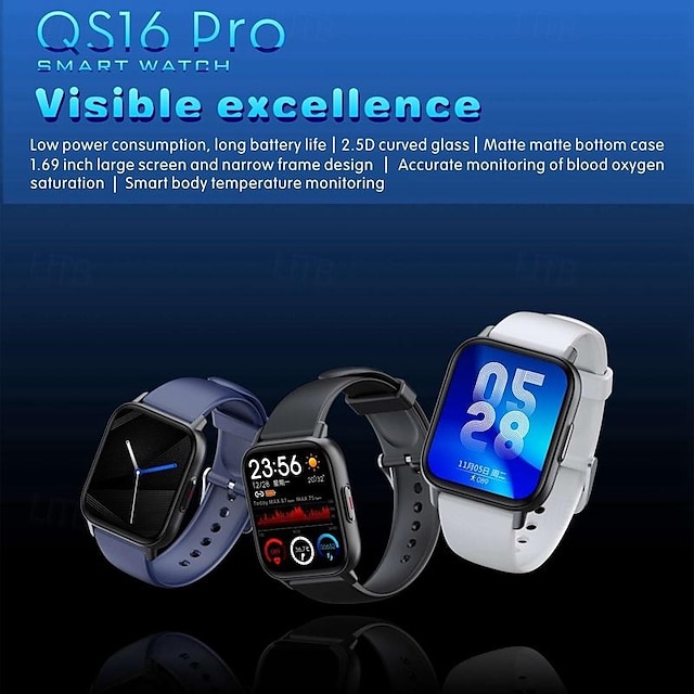  QS 16 PRO Smart Watch 1.69 inch Smartwatch Fitness Running Watch Bluetooth ECG+PPG Temperature Monitoring Pedometer Compatible with Android iOS Women Men Long Standby Hands-Free Calls Waterproof IP 67