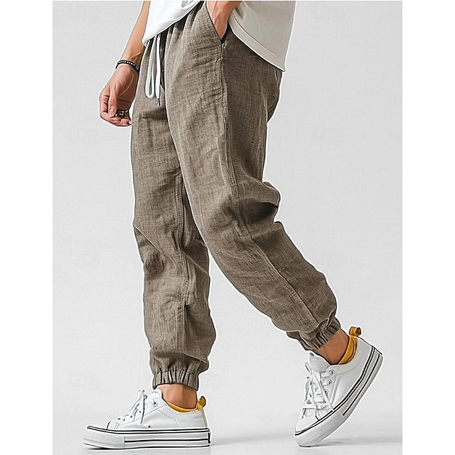  Men's Linen Pants Trousers Summer Pants Elastic Waist Straight Leg High Rise Solid Color Comfort Breathable Full Length Wedding Holiday Vacation Fashion Gray Green Blue High Waist Inelastic