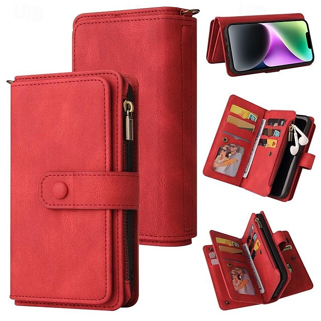  téléphone Coque Pour iPhone 16 15 14 Pro Max Plus iPhone 13 12 11 Pro Max Mini Étui Portefeuille Fermeture Éclair Protection complète du corps Avec Dragonne Rétro TPU faux cuir