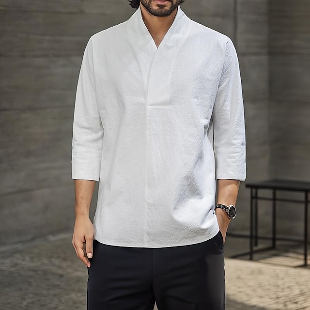  Per uomo Camicia Camicia in lino e cotone Camicia in cotone bianco Maglietta informale Liscio Hawaiano Per eventi Nero Bianco Giallo Blu marino Maniche a 3/4 A V Primavera estate Abbigliamento