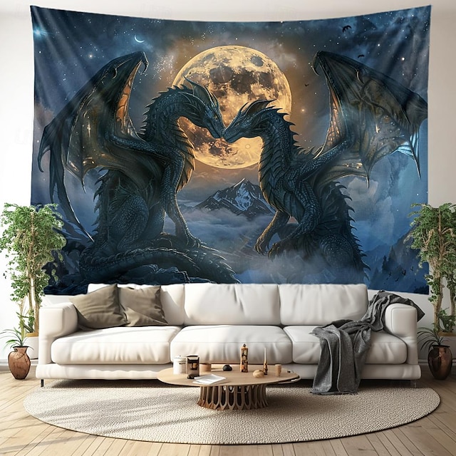  lohikäärmepari kuuhun roikkuu kuvakudos seinä taide iso kuvakudos seinämaalaus sisustus valokuva tausta peitto verho koti makuuhuone olohuoneen sisustus