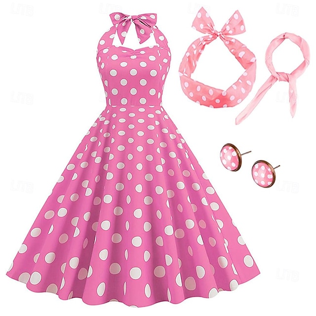  Women's A-Line Rockabilly Dress Polka Dots Halter Swing Dress Flare Dress with Accessories Set 1950s 60s Retro Vintage with Headband Scarf Earrings For Vintage Swing Party Dress