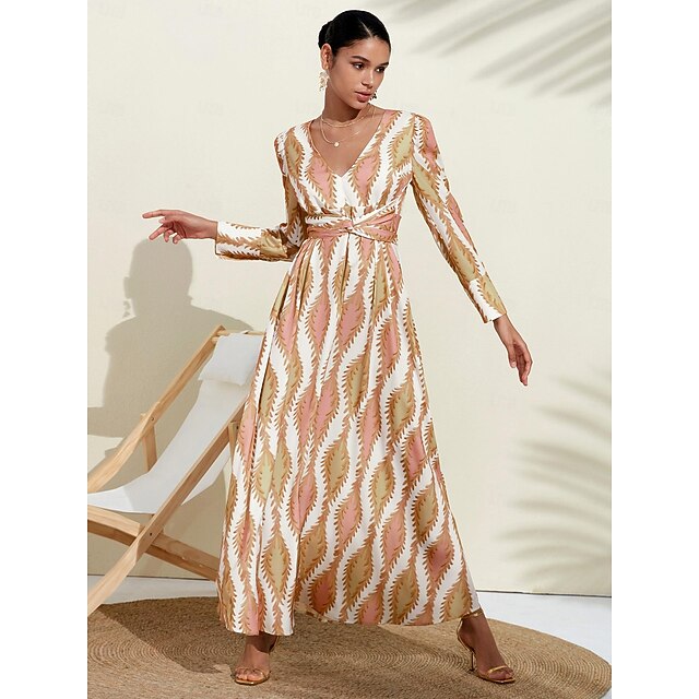 Satin Floral V Neck Maxi Dress White Long Sleeve Dress