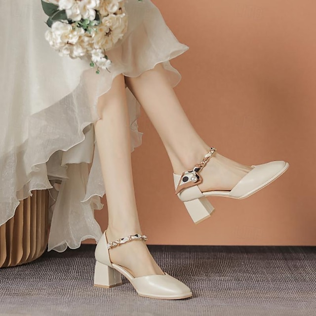  Women's Heels Wedding Shoes Slip-Ons Dress Shoes Ankle Strap Heels Wedding Daily Bridal Shoes Imitation Pearl Ribbon Tie Chunky Heel Square Toe Preppy Minimalism PU Ankle Strap Beige