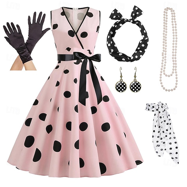  dames a-lijn rockabilly jurk stippen swing jurk flare jurk met accessoires set jaren 50 60 retro vintage met hoofdband chiffon sjaal oorbellen cat eye bril parelketting handschoenen 7st