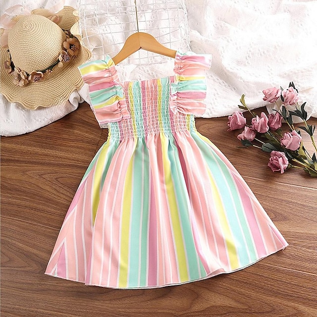  Kids Casual Strap Dress for Girls Summer Toddler Rainbow Striped Princess A-line Dress Fashion Children Clothing