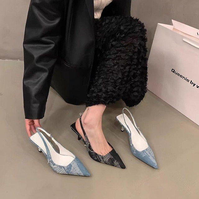  damklackar mode slingback sandaler kvinnor högklackat pumps sko elegant kattunge klack mule spetsad tå kvinnlig kontorsklänning sandaler för kvinnor blå svart
