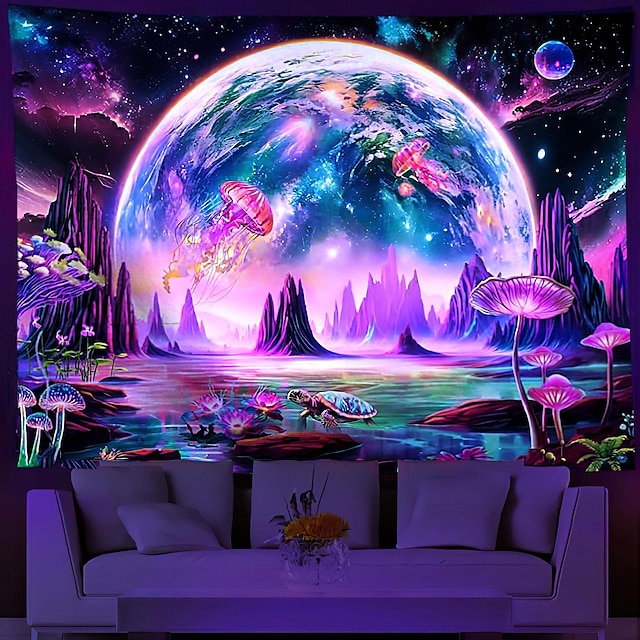  Blacklight gobelin reaktywny uv świecący w ciemności galaktyka wszechświat meduzy trippy mglisty krajobraz natury wiszący gobelin ścienny artystyczny mural do salonu sypialni
