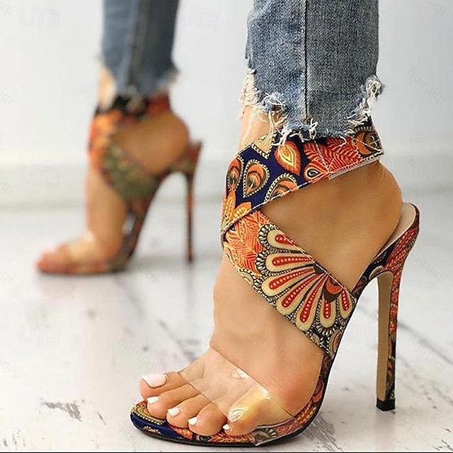  Women's Heels Sandals Print Shoes Sexy Shoes Jellies Shoes Party Daily Floral Peacock Feather Shoes And Bags Matching Sets Stiletto Round Toe Open Toe Elegant Bohemia Fashion Cloth Magic Tape Orange