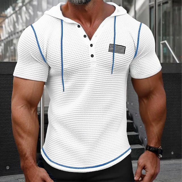Men's Waffle Henley Shirt Henley Shirt Short Sleeve Shirt Tee Top Solid Color Hooded Outdoor Street Short Sleeve Button American flag Clothing Apparel Daily Hawaiian 7