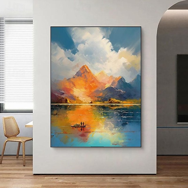  Paisaje abstracto de montaña colorido hecho a mano, naturaleza, amanecer, vista nublada, paisaje, arte de pared, decoración del hogar para sala de estar, sin marco