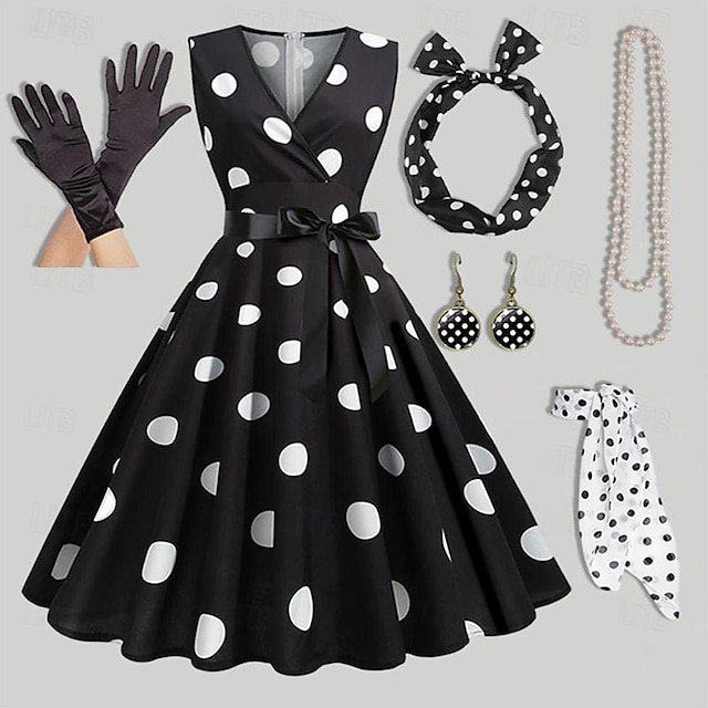  Women's A-Line Rockabilly Dress Polka Dots Swing Dress Flare Dress with Accessories Set 1950s 60s Retro Vintage with Headband Chiffon Scarf Earrings Pearl Necklace Gloves