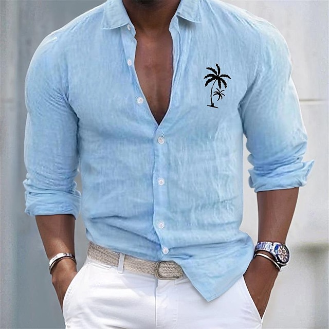  Men's Shirt Linen Shirt Cotton Linen Shirt White Cotton Shirt Casual Shirt Cotton Shirt Black White Pink Long Sleeve Coconut Tree Lapel Spring &  Fall Hawaiian Holiday Clothing Apparel Button-Down