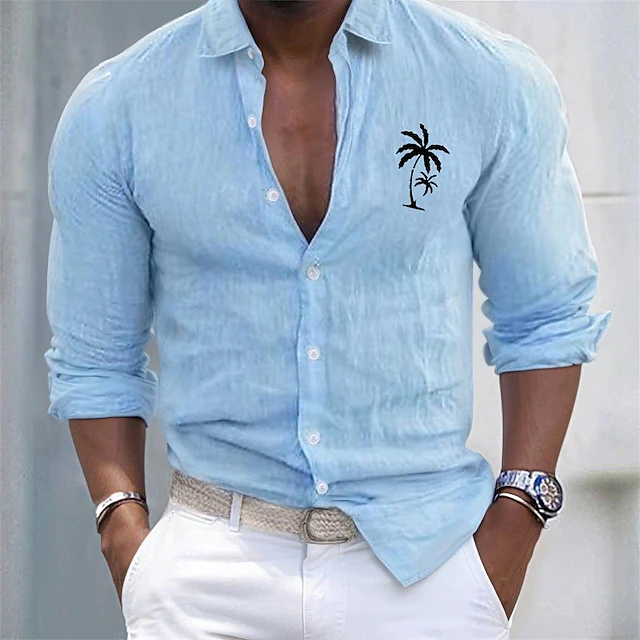 Men's Shirt Linen Shirt Cotton Linen Shirt White Cotton Shirt Minimalist Aloha Shirt Casual Shirt Coconut Tree Vacation Hawaiian Black White Pink Gray Long Sleeve Lapel Spring & Fall Clothing Apparel 7