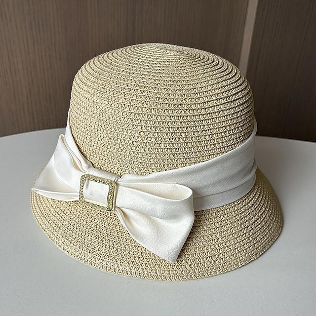  Hatter Hodeplagg polyester Strå Bøttehatt Stråhatt Solhatt Avslappet Ferie Elegant Retro Rød Med Sløyfe Sløyfer Hodeplagg Hodeplagg