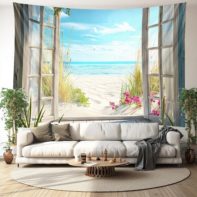  Window View Beach Hanging Tapestry Wall Art Large Tapestry Mural Decor Photograph Backdrop Blanket Curtain Home Bedroom Living Room Decoration Ocean Summer