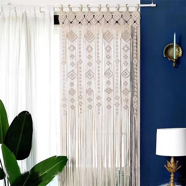  Macramé divisor de habitación, cortina de puerta tejida, tapiz de boda bohemio, decoración de pared para boda, dormitorio, sala de estar, decoración del hogar