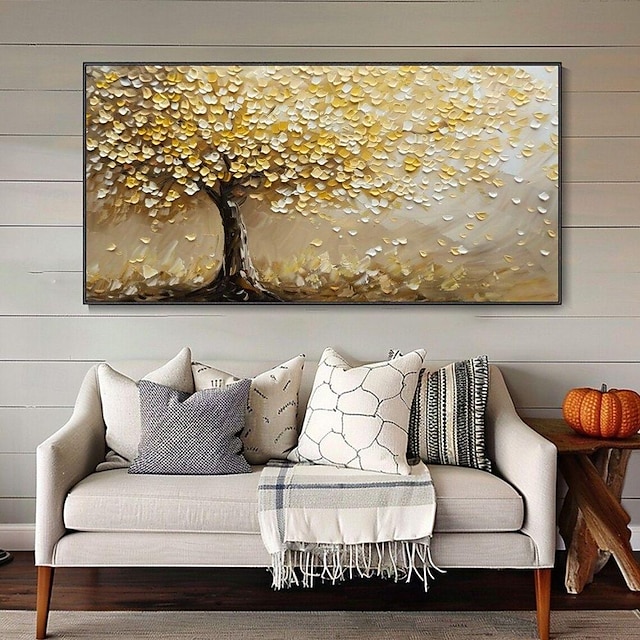  لوحة زيتية مصنوعة يدويًا من القماش لتزيين الجدران منظر طبيعي لشجرة ذهبية لديكور المنزل، لوحة ملفوفة بدون إطار وغير ممتدة