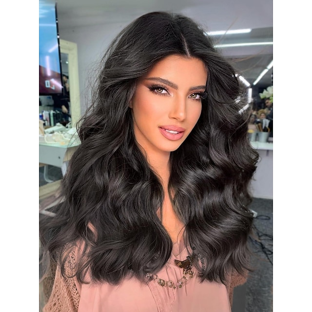 Black Wigs with Bangs for Women Long Wavy Wigs with Curtain Bangs Natural Wig Heat Resistant Charming Synthetic Hair for Daily Party Use 22 inches