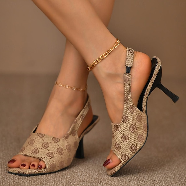  نسائي صنادل أحذية رومانية مناسب للبس اليومي كعب ستيلتو تو مربع شيوع المشي PU ربّاط مطاطي كاكي