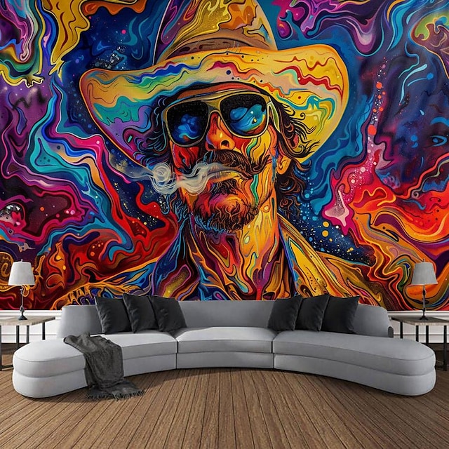 Psychedelic Blacklight Tapestry UV Reactive Glow in the Dark Trippy Misty Western Cow Man Hanging Tapestry Wall Art Mural for Living Room Bedroom
