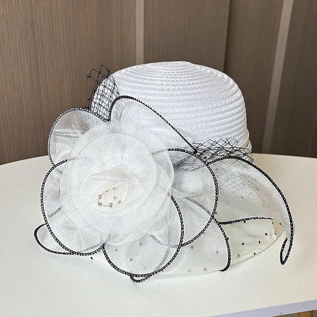  fascinators Hatter Hodeplagg polyester organza Bøttehatt Solhatt slørhatt Ferie Strand Elegant Retro Rød Med Blomst Prikkete Hodeplagg Hodeplagg