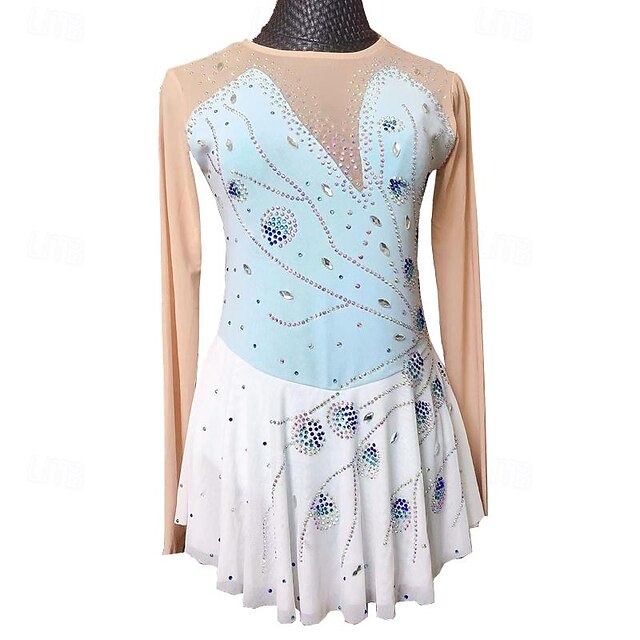 Figure Skating Dress Women's Girls' Ice Skating Dress Blue+Light Blue Training Skating Wear Crystal / Rhinestone Long Sleeve Ice Skating Figure Skating2