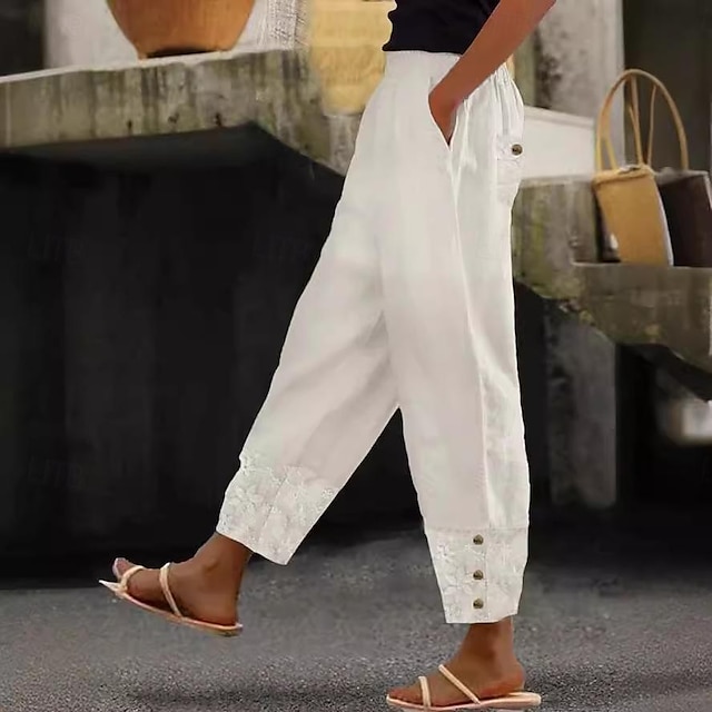  Mujer Pantalones de lino y algodón Pantalones Casual / Diario Hasta el Tobillo Plano Malla Bolsillos laterales Transpirabilidad Cómodo Rígido Noche Fin de semana Blanco Primavera verano Ajuste regular
