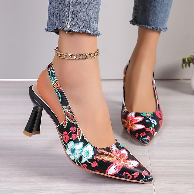  Women's Heels Print Shoes Daily Flowers Sculptural Heel Pointed Toe Fashion PU Elastic Band Black