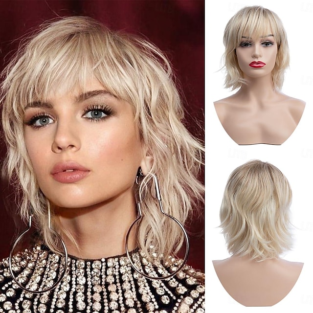  Kurze blonde Perücke für Damen, kurze aschblonde Bob-Perücke mit gewelltem Pony, Kunsthaar, Cosplay-Perücke für Frauen und Mädchen, 9 Zoll