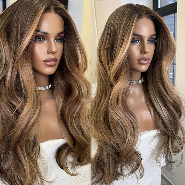  Ekte remy-hår 13x4 blonder foran Parykk Midtdel Brasiliansk hår Bølget Flerfarvet Parykk 130% 150% Hair Tetthet med baby hår Hår med highlights 100% Jomfru limfrie Til Dame Lang Blondeparykker med