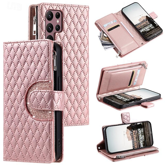  Phone Case For Samsung Galaxy S24 S23 S22 S21 S20 Ultra Plus FE A54 A34 A14 Wallet Case Zipper with Wrist Strap Kickstand Geometric Pattern TPU PU Leather