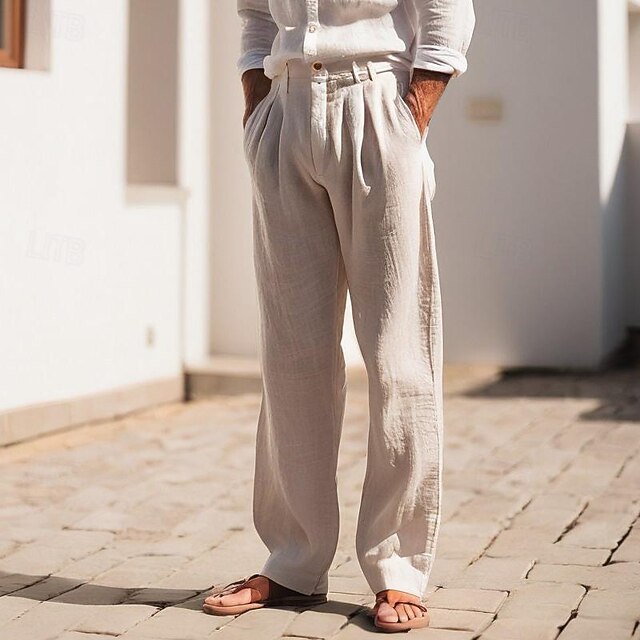 Men's Linen Pants Trousers Summer Pants Beach Pants Pocket Pleats Straight Leg Plain Comfort Breathable Daily Holiday Vacation Hawaiian Boho Khaki3