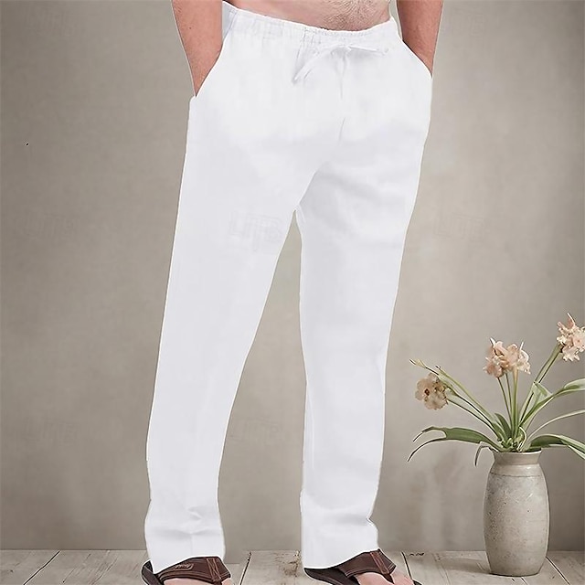  Men's Linen Pants Trousers Summer Pants Beach Pants Pocket Drawstring Elastic Waist Plain Comfort Breathable Daily Holiday Vacation Hawaiian Boho Dark Brown Black