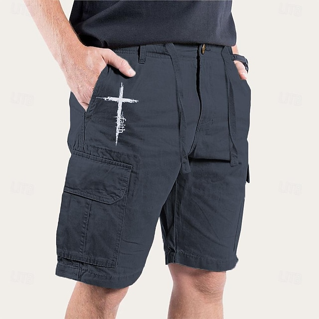  Cross Faith Print Men's Cargo Shorts Cotton Drawstring Classic Cargo Stretch Short with Multiple Pockets Sports Outdoor Fashion Designer Shorts