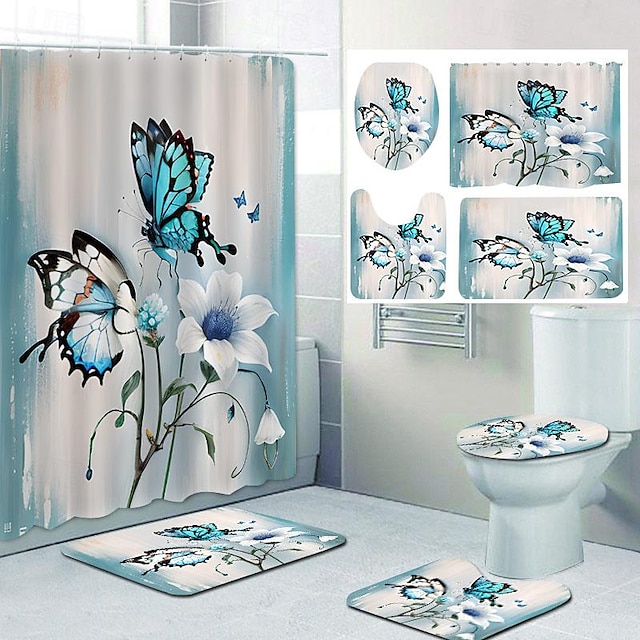  butterfly fürdőszoba deco 4 db-os zuhanyfüggöny szett fürdőszobai garnitúra modern otthoni fürdőszoba dekoráció fürdőszőnyeg u formával és wc fedő takaró szőnyeg és 12 kampó