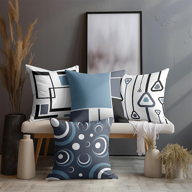  غطاء وسائد هندسية زرقاء مزخرفة، 4 قطع غطاء وسادة مربع ناعم، غطاء وسادة لغرفة النوم وغرفة المعيشة والأريكة والكرسي