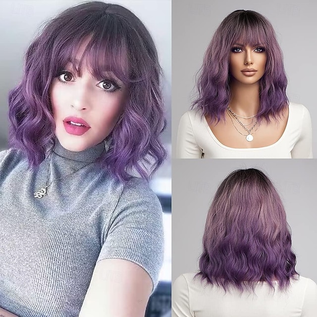  Grey Green Pink Blonde Purple Wig for Women Ombre Purple Bob Wig Mardi Gras Wigs Short Curly Wavy Black to Purple Wig with Bangs Synthetic Heat Resistant