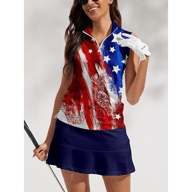  dames golfpoloshirt rode mouwloze top dames golfkleding kleding outfits draag kleding Amerikaanse vlag golfshirt