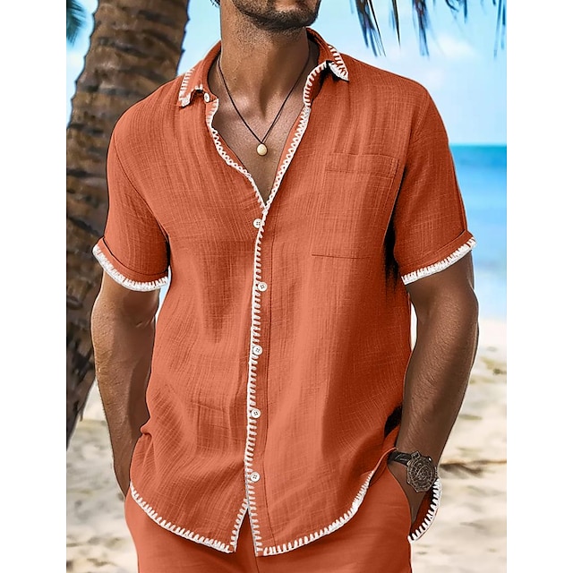 رجالي قميص قميص كتان قميص صيفي قميص الشاطئ أسود برتقالي البيج كم قصير سهل قبة الصيف الربيع فضفاض مناسب للبس اليومي ملابس