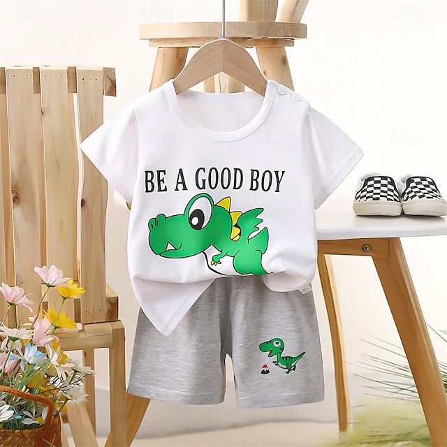 2 Pieces Toddler Boys T-shirt & Shorts Outfit Cartoon Short Sleeve Cotton Set Outdoor Fashion Daily Summer Spring 3-7 Years White Yellow Pink