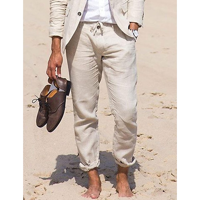  Męskie Lniane spodnie Spodnie Letnie spodnie Spodnie plażowe Przednia kieszeń Prosta noga Równina Komfort Oddychający Biznes Codzienny Moda Moda miejska Khaki