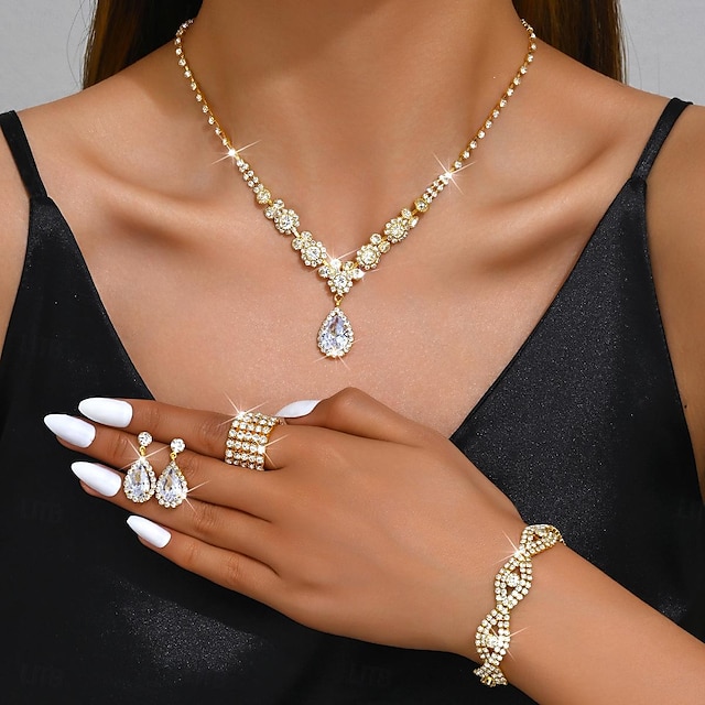  Jewelry Set 5pcs Rhinestone Alloy Rings Earrings Necklace Bracelets Women's Elegant Fashion Dainty Geometrical Geometric Jewelry Set For Wedding Party Anniversary