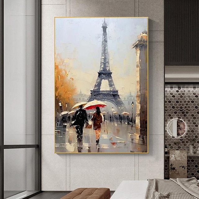  フランス パリの街の風景 油絵 手描きのパリの街の風景 路上で傘を差している人々 リビングルームの装飾用キャンバス絵画 (フレームなし)