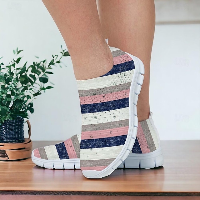  Women's Sneakers Slip-Ons Print Shoes Flyknit Shoes Outdoor Daily Striped Contrast Color Rhinestone Flat Heel Sporty Casual Comfort Walking Knit Tissage Volant Loafer Pink Blue Purple