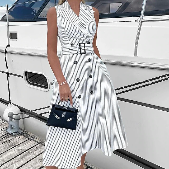 Women's Work Dress Blazer Dress Semi Formal Dress Elegant Office Daily Midi Dress Button Print Lapel Sleeveless Stripe Slim White Summer Fall S M L XL3