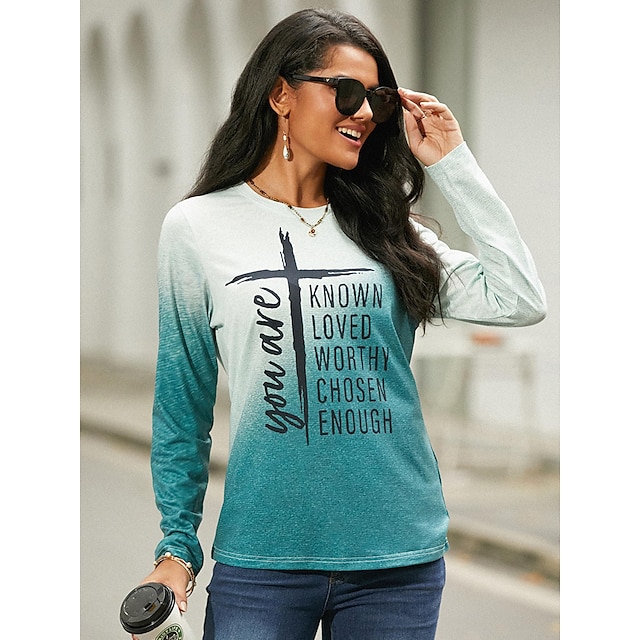  Women's T shirt Tee you are KNOWN LOVED WORTHY CHOSEN ENOUGH Color Gradient Text Print Daily Weekend Basic Long Sleeve Round Neck Orange Spring &  Fall Fall & Winter